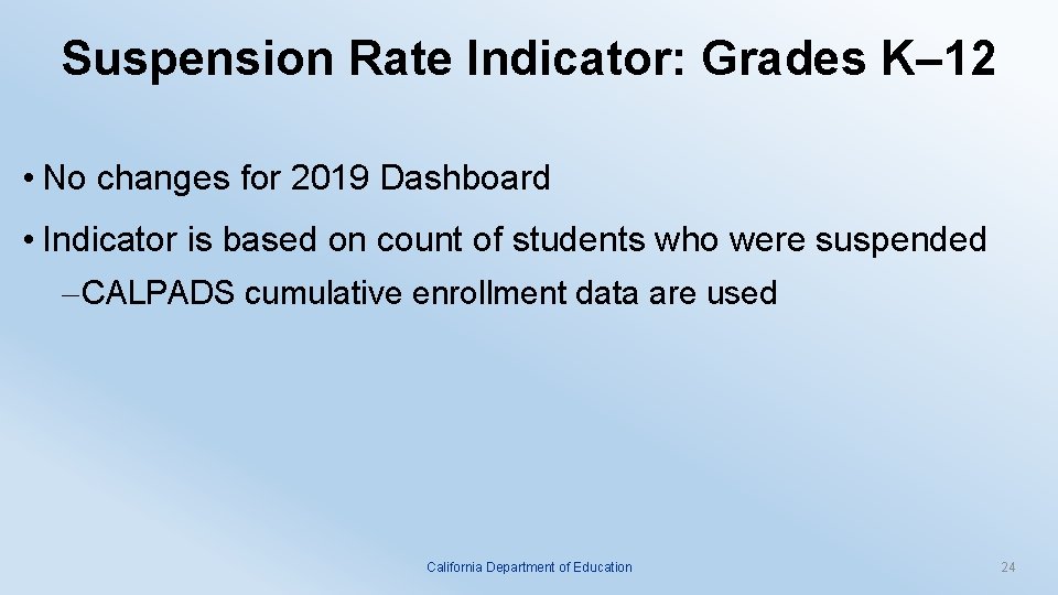 Suspension Rate Indicator: Grades K– 12 • No changes for 2019 Dashboard • Indicator