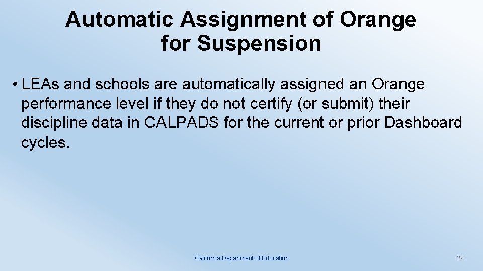 Automatic Assignment of Orange for Suspension • LEAs and schools are automatically assigned an