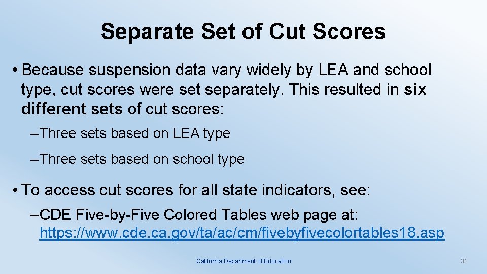 Separate Set of Cut Scores • Because suspension data vary widely by LEA and