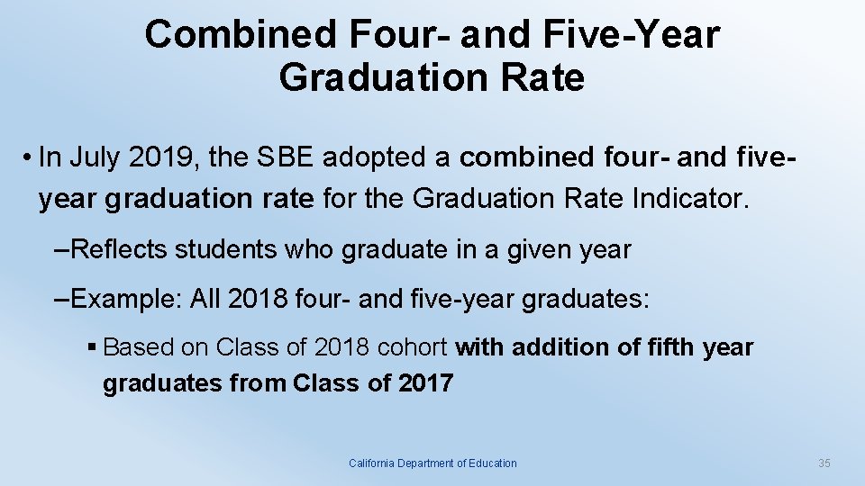 Combined Four- and Five-Year Graduation Rate • In July 2019, the SBE adopted a