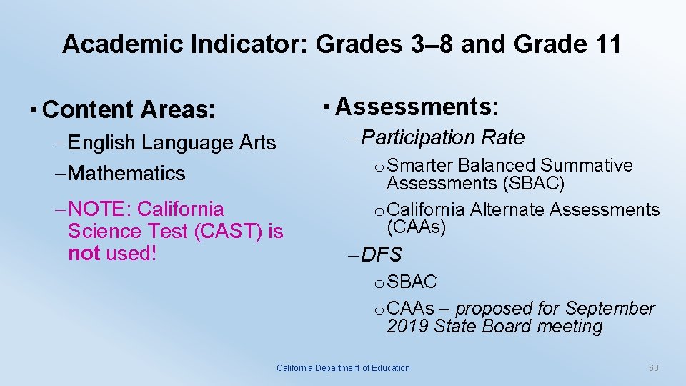 Academic Indicator: Grades 3– 8 and Grade 11 • Assessments: • Content Areas: Participation