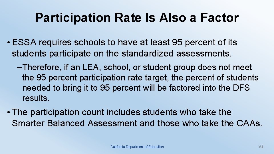 Participation Rate Is Also a Factor • ESSA requires schools to have at least