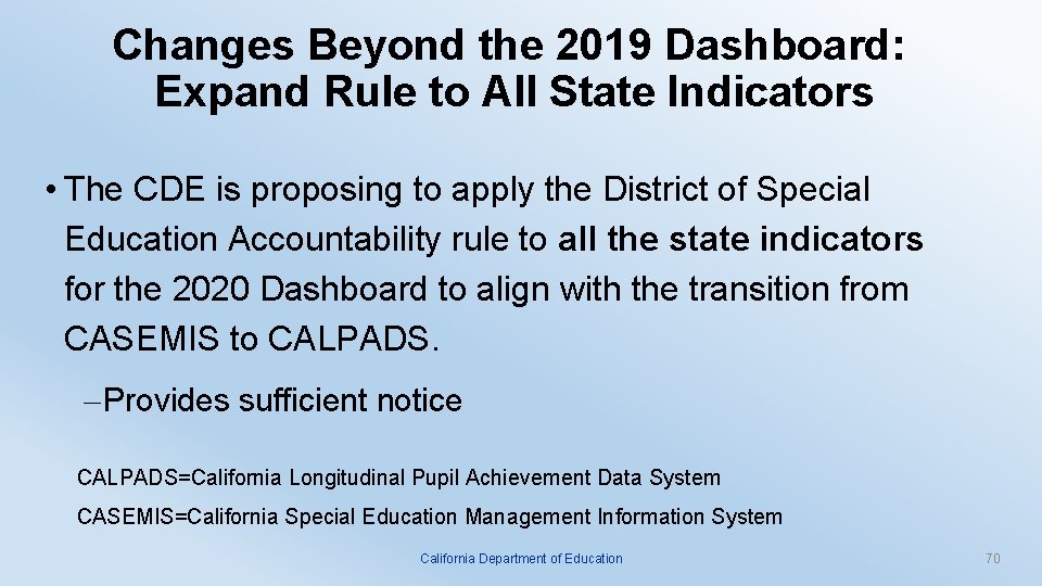 Changes Beyond the 2019 Dashboard: Expand Rule to All State Indicators • The CDE