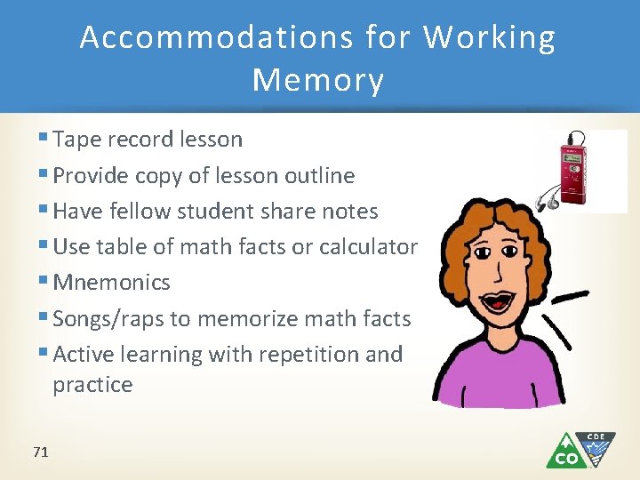 Accommodations for Working Memory § Tape record lesson § Provide copy of lesson outline Accommodations for Working Memory § Tape record lesson § Provide copy of lesson outline