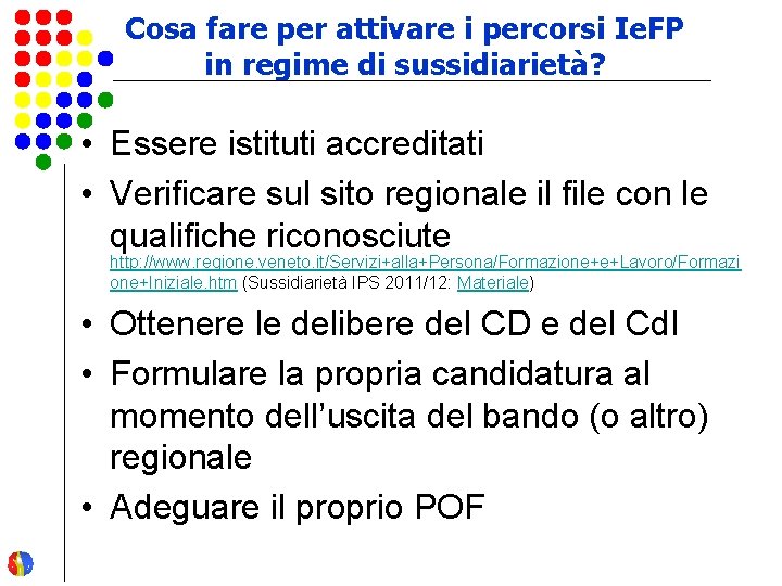 Cosa fare per attivare i percorsi Ie. FP in regime di sussidiarietà? • Essere