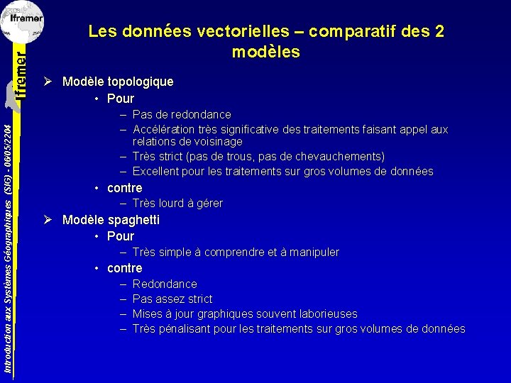 Les données vectorielles – comparatif des 2 modèles Introduction aux Systèmes Géographiques (SIG) -