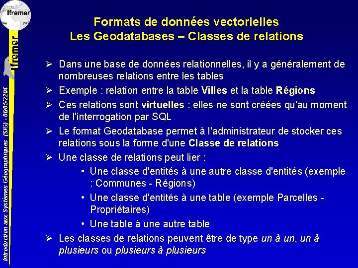 Introduction aux Systèmes Géographiques (SIG) - 06/05/2204 Formats de données vectorielles Les Geodatabases –