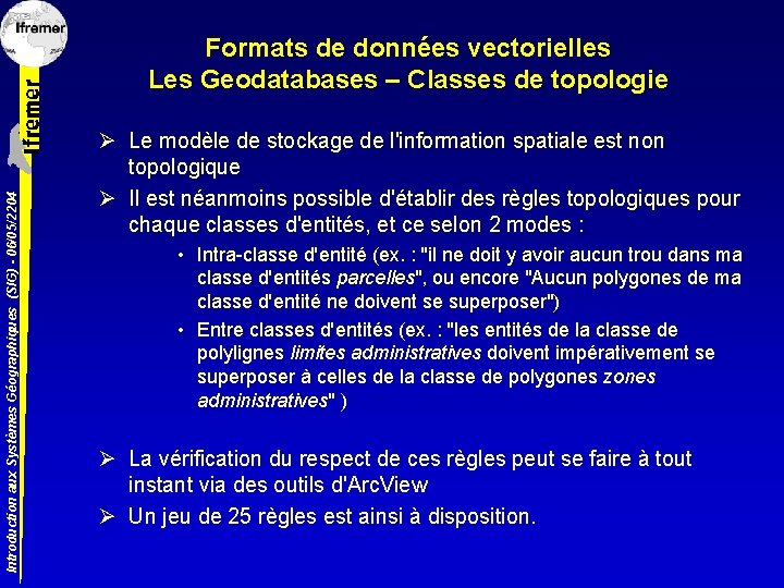 Introduction aux Systèmes Géographiques (SIG) - 06/05/2204 Formats de données vectorielles Les Geodatabases –