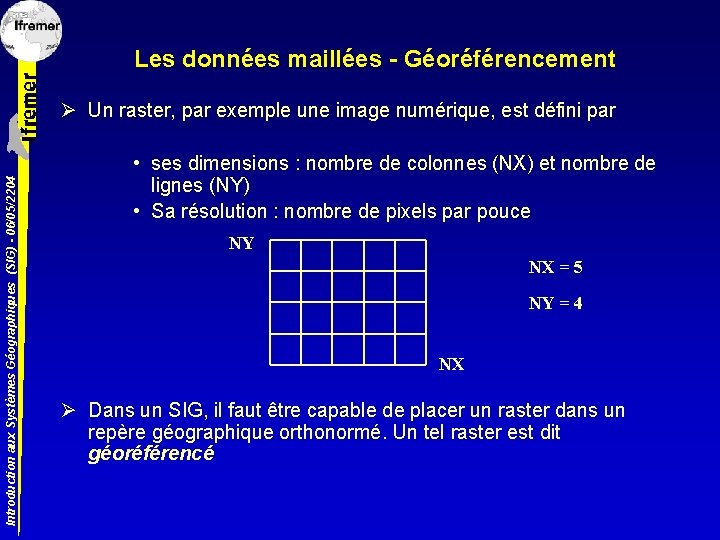 Les données maillées - Géoréférencement Introduction aux Systèmes Géographiques (SIG) - 06/05/2204 Ø Un