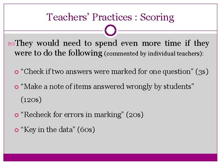 Teachers’ Practices : Scoring They would need to spend even more time if they