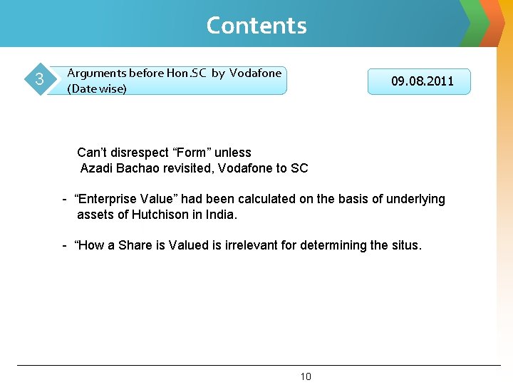 Contents 3 Arguments before Hon. SC by Vodafone (Date wise) 09. 08. 2011 Can’t