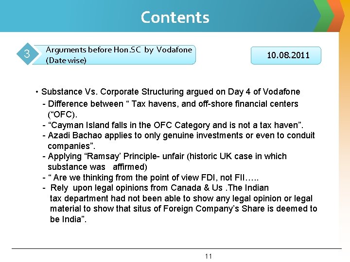 Contents 3 Arguments before Hon. SC by Vodafone (Date wise) 10. 08. 2011 •