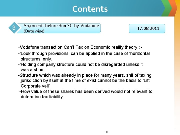 Contents 3 Arguments before Hon. SC by Vodafone (Date wise) 17. 08. 2011 •