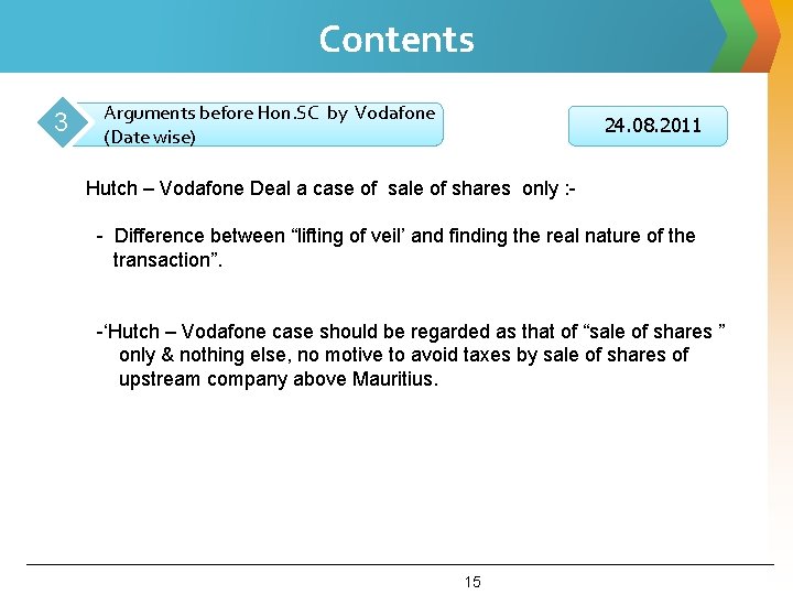 Contents 3 Arguments before Hon. SC by Vodafone (Date wise) 24. 08. 2011 Hutch