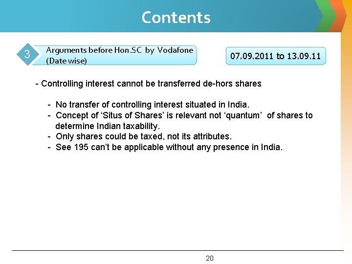 Contents 3 Arguments before Hon. SC by Vodafone (Date wise) 07. 09. 2011 to