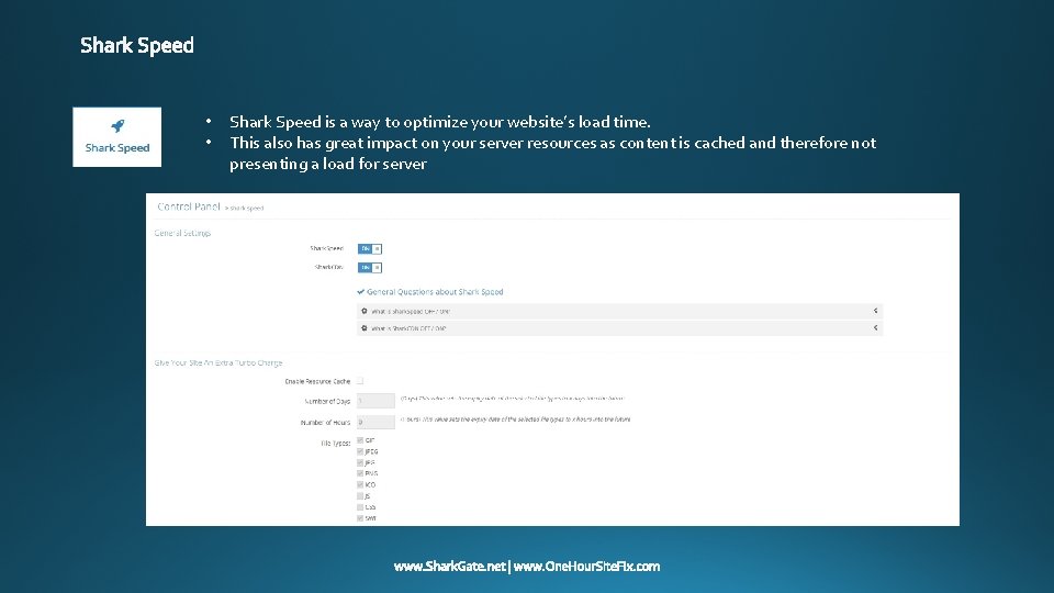  • • Shark Speed is a way to optimize your website’s load time.