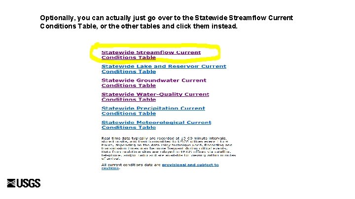 Optionally, you can actually just go over to the Statewide Streamflow Current Conditions Table,