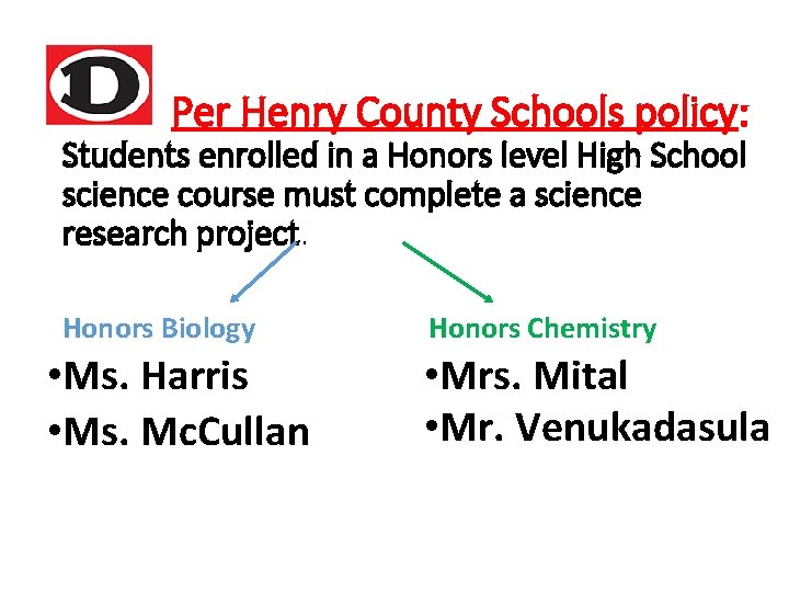 Per Henry County Schools policy: Students enrolled in a Honors level High School science