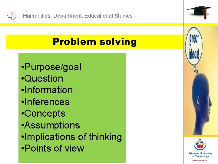 Humanities. Department: Educational Studies Problem solving • Purpose/goal • Question • Information • Inferences Humanities. Department: Educational Studies Problem solving • Purpose/goal • Question • Information • Inferences