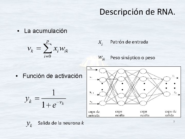 Descripción de RNA. • La acumulación Patrón de entrada Peso sináptico o peso • Descripción de RNA. • La acumulación Patrón de entrada Peso sináptico o peso •