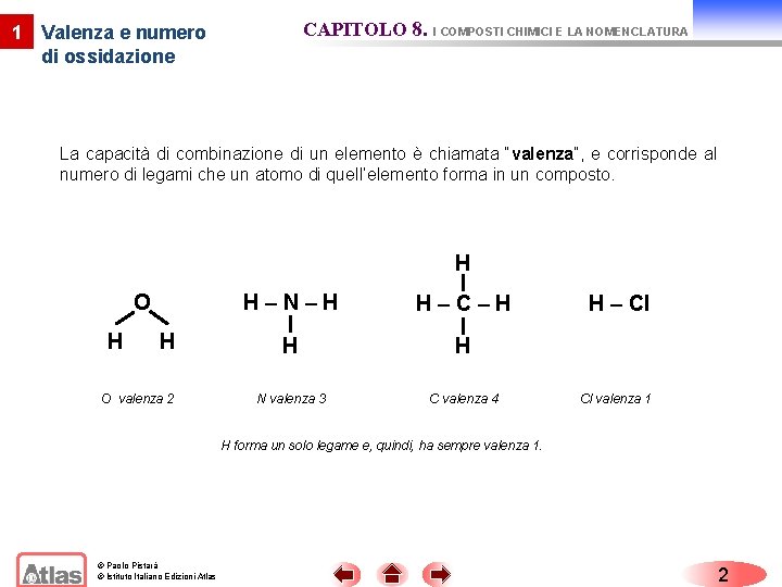 CAPITOLO 8. I COMPOSTI CHIMICI E LA NOMENCLATURA 1 Valenza e numero di ossidazione CAPITOLO 8. I COMPOSTI CHIMICI E LA NOMENCLATURA 1 Valenza e numero di ossidazione