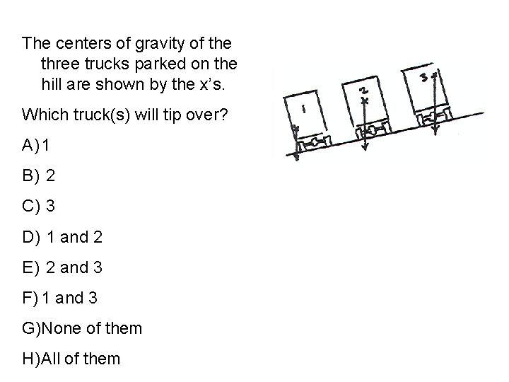 The centers of gravity of the three trucks parked on the hill are shown