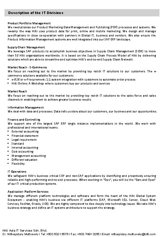 Description of the IT Divisions Product Portfolio Management We revolutionize our Product Marketing Data