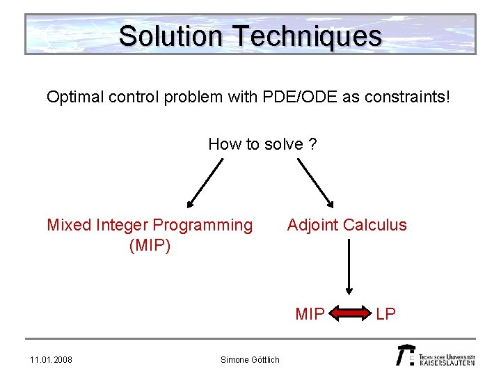 Solution Techniques Optimal control problem with PDE/ODE as constraints! How to solve ? Mixed
