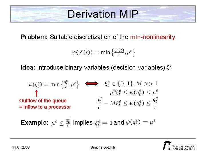 Derivation MIP Problem: Suitable discretization of the -nonlinearity Idea: Introduce binary variables (decision variables)