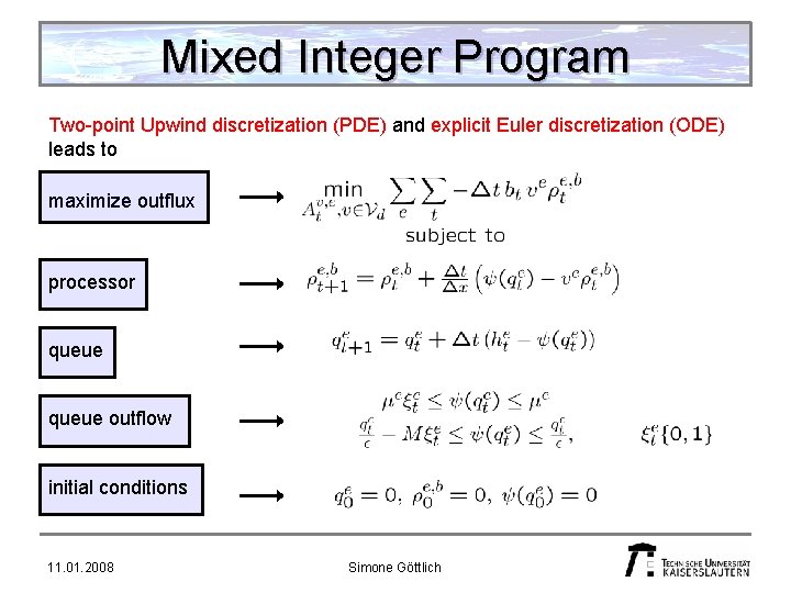 Mixed Integer Program Two-point Upwind discretization (PDE) and explicit Euler discretization (ODE) leads to