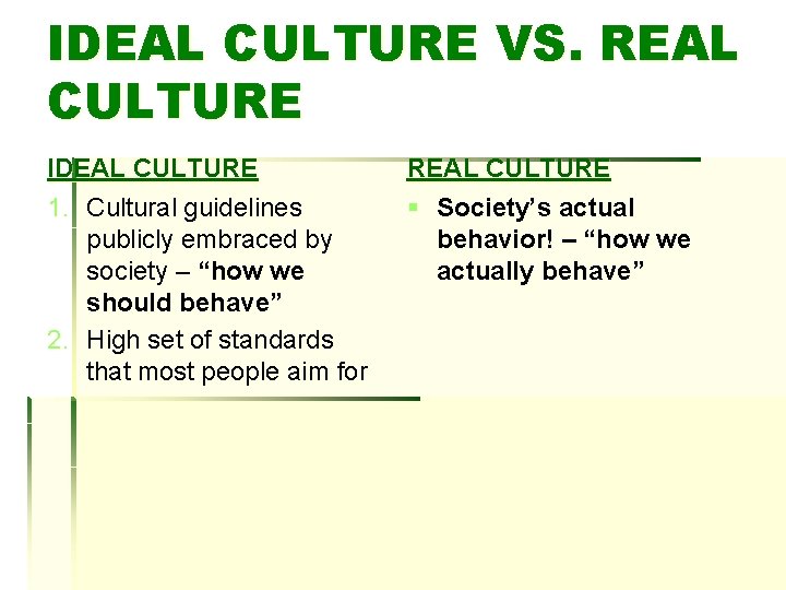 IDEAL CULTURE VS. REAL CULTURE IDEAL CULTURE 1. Cultural guidelines publicly embraced by society