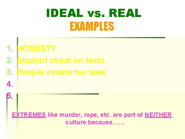 IDEAL vs. REAL EXAMPLES 1. 2. 3. 4. 5. HONESTY Student cheat on tests