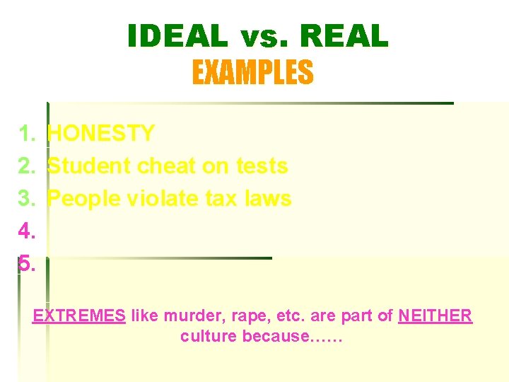 IDEAL vs. REAL EXAMPLES 1. 2. 3. 4. 5. HONESTY Student cheat on tests