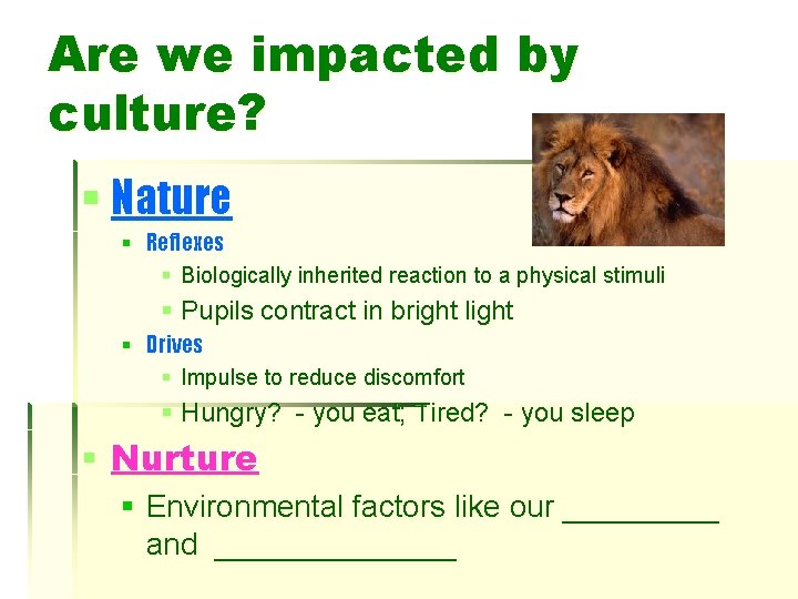 Are we impacted by culture? § Nature § Reflexes § Biologically inherited reaction to