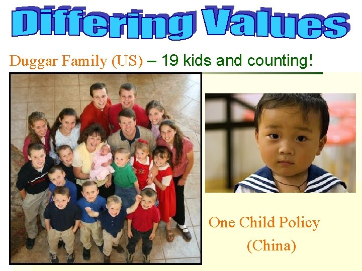 Duggar Family (US) – 19 kids and counting! One Child Policy (China) 