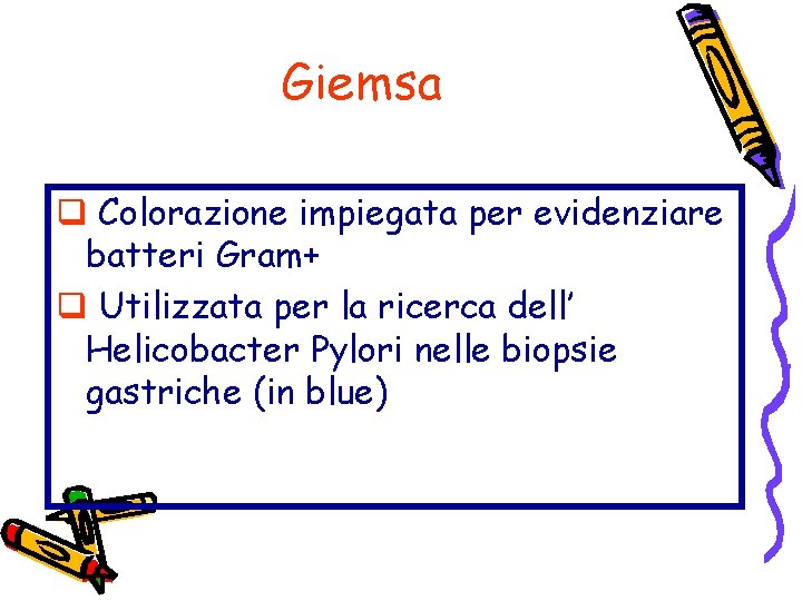 Giemsa q Colorazione impiegata per evidenziare batteri Gram+ q Utilizzata per la ricerca dell’