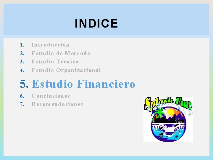 INDICE 1. 2. 3. 4. Introducción Estudio de Mercado Estudio Técnico Estudio Organizacional 5.