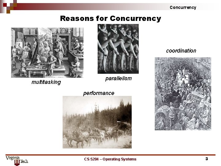 Concurrency Reasons for Concurrency coordination multitasking parallelism performance CS 5204 – Operating Systems 3 Concurrency Reasons for Concurrency coordination multitasking parallelism performance CS 5204 – Operating Systems 3