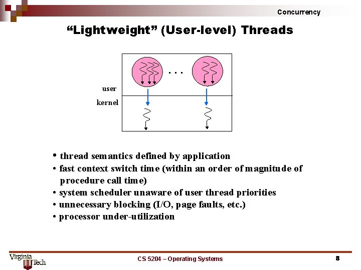 Concurrency “Lightweight” (User-level) Threads. . . user kernel • thread semantics defined by application Concurrency “Lightweight” (User-level) Threads. . . user kernel • thread semantics defined by application