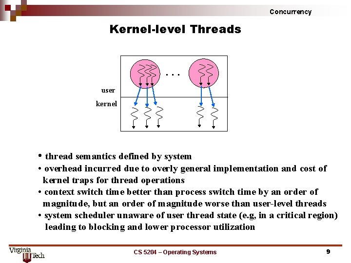 Concurrency Kernel-level Threads. . . user kernel • thread semantics defined by system • Concurrency Kernel-level Threads. . . user kernel • thread semantics defined by system •
