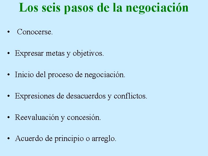 Los seis pasos de la negociación • Conocerse. • Expresar metas y objetivos. • Los seis pasos de la negociación • Conocerse. • Expresar metas y objetivos. •