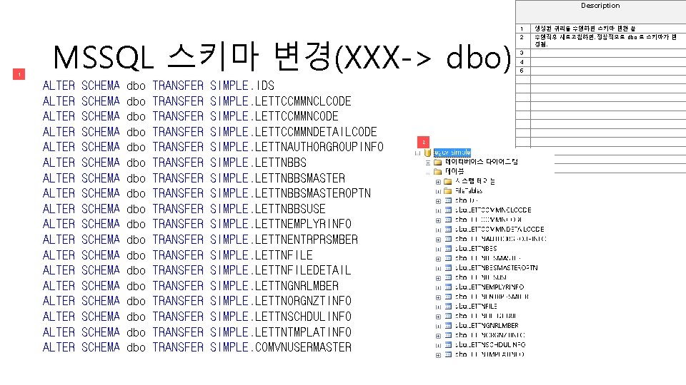 Description 1 MSSQL 스키마 변경(XXX-> dbo) ALTER ALTER ALTER ALTER ALTER SCHEMA SCHEMA SCHEMA