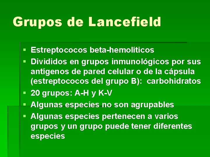 Grupos de Lancefield § Estreptococos beta-hemolíticos § Divididos en grupos inmunológicos por sus antígenos