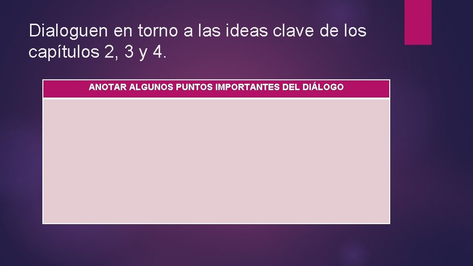 Dialoguen en torno a las ideas clave de los capítulos 2, 3 y 4.