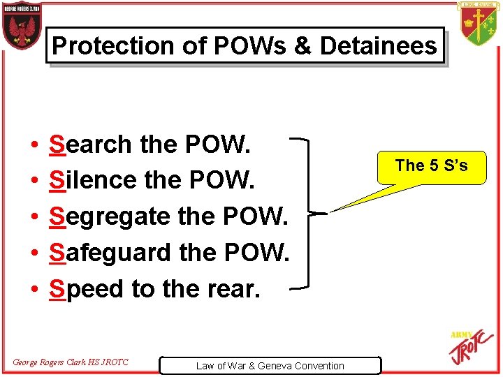 Protection of POWs & Detainees • • • Search the POW. Silence the POW.