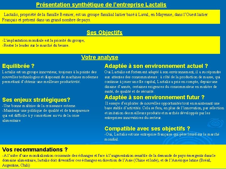 Présentation synthétique de l’entreprise Lactalis -Lactalis, propriété de la famille Besnier, est un groupe