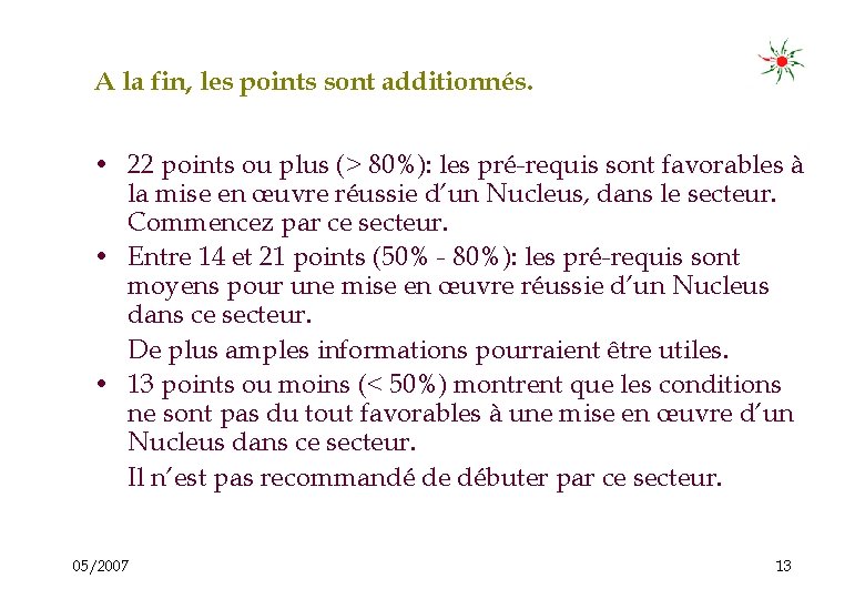 A la fin, les points sont additionnés. • 22 points ou plus (> 80%):