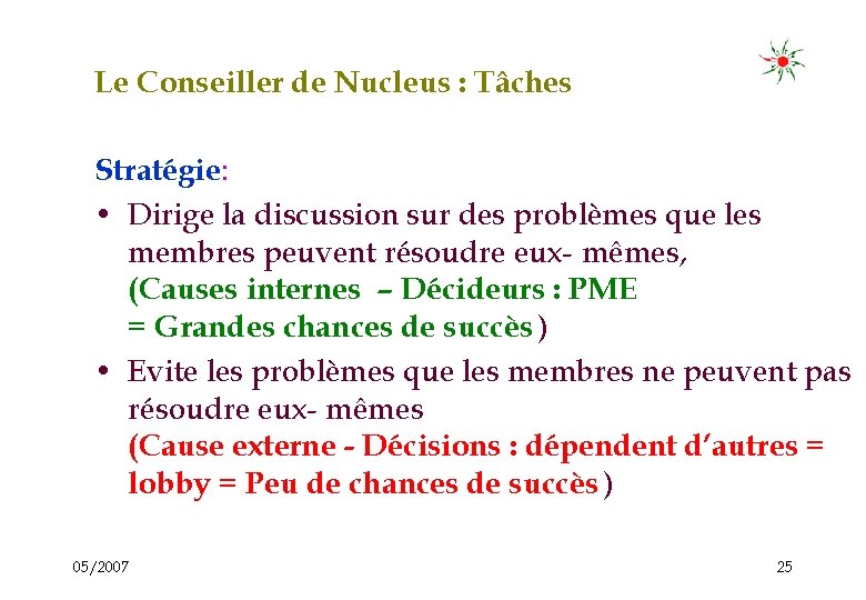 Le Conseiller de Nucleus : Tâches Stratégie: • Dirige la discussion sur des problèmes