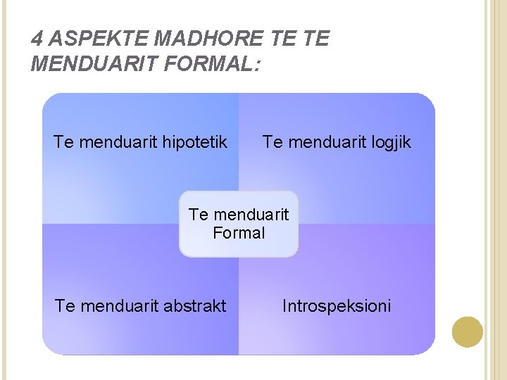 4 ASPEKTE MADHORE TE TE MENDUARIT FORMAL: Te menduarit hipotetik Te menduarit logjik Te