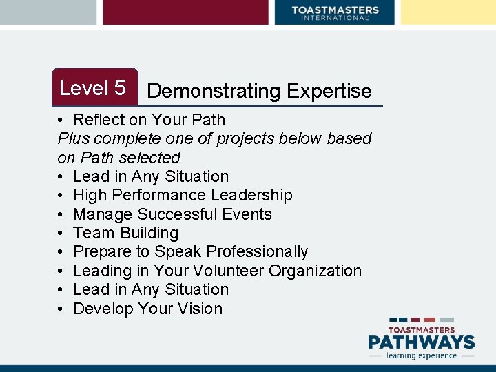 Level 5 Level 2 Demonstrating Expertise • Reflect on Your Path Plus complete one